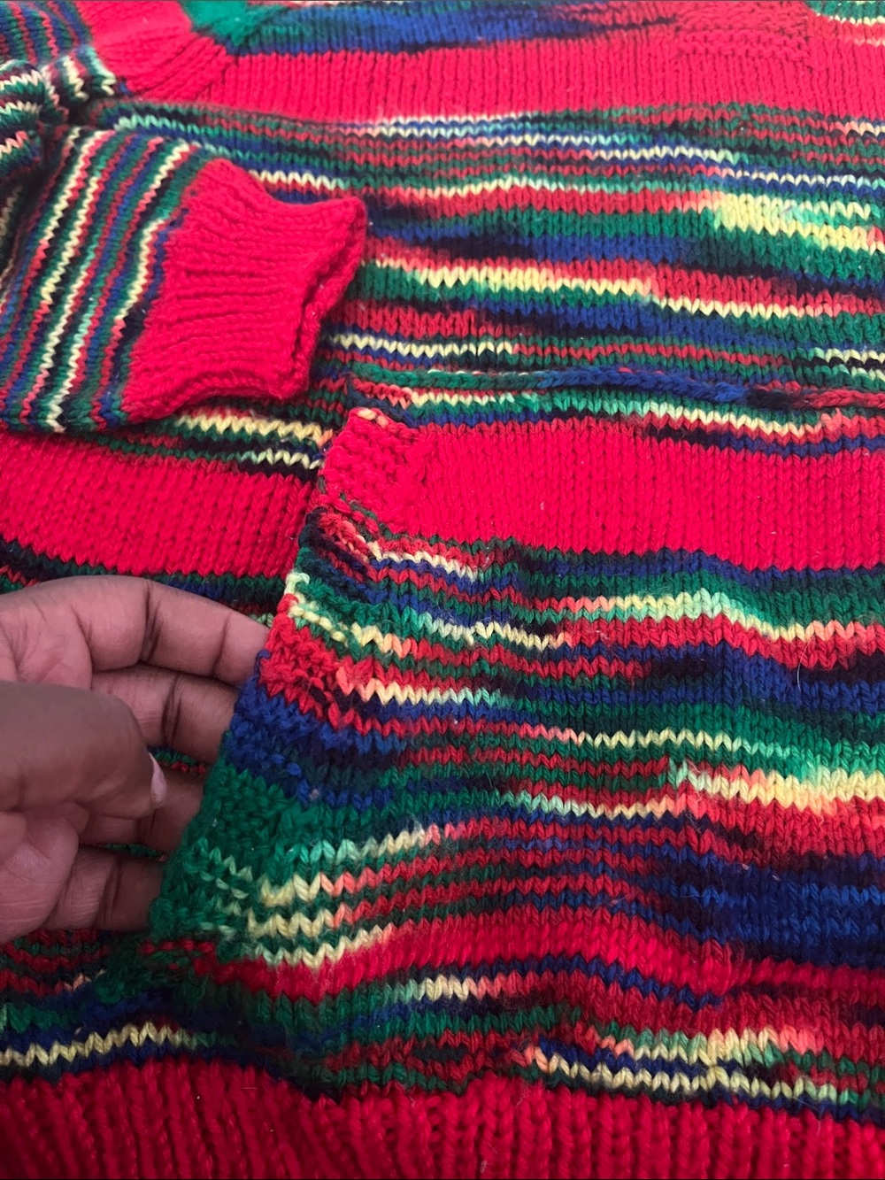 Unisex crocheted Red Multicolor Striped Hooded Sweater sz medium - Picture 2 of 4